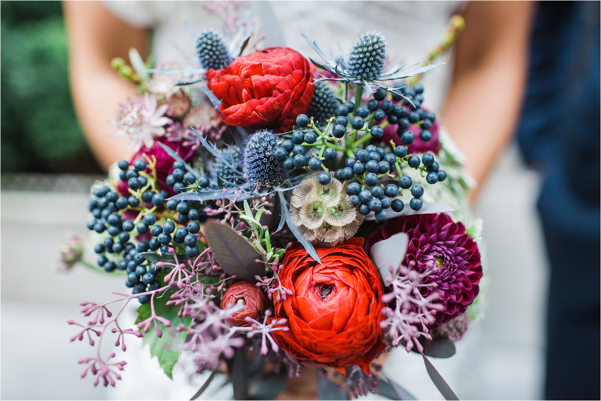 thistle berry and dahlia bridal bouquet