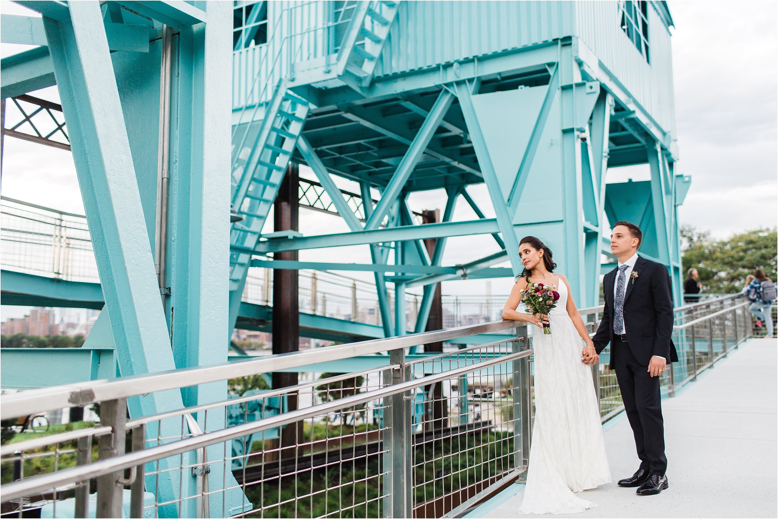 Bride and groom portrait at Domino Park